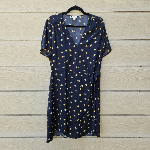 J. Crew Factory navy wrap dress with lemon print size 16 - Picture 1 of 7